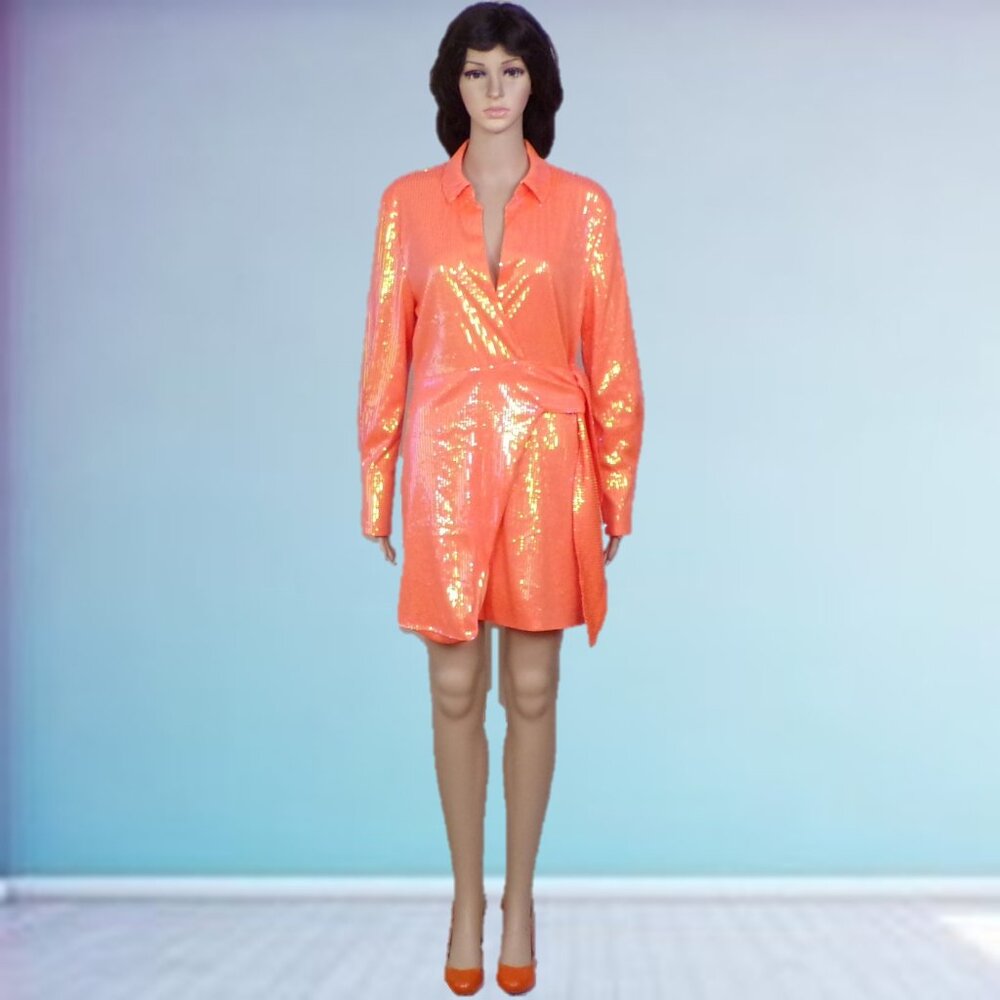 HOUSE OF HARLOW 1960 size S orange long-sleeve sequined wrap dress